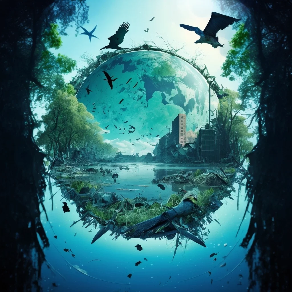 the lush green and blue planet earth emerging out of a lake in a destroyed dystopia, blue sky, sunshine and birds - created by Midjourney