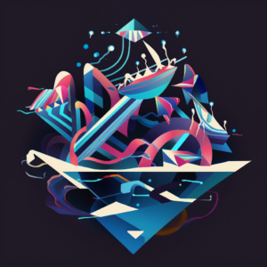 created by midjourney: five different geometric shapes fighting in a boat, black background, abstract