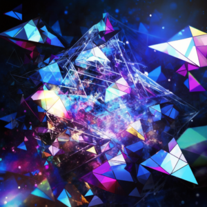 Created with Midjourney: pyramids desolving in space, abstract, shards