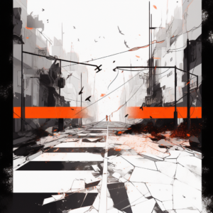 Midjourney created image. Prompt: abstract picture of a street with a few shapes on the ground, black and white with a bit of orange